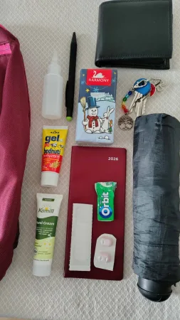 Věci z batohu vyskládané vedle sebe: peněženka, klíče, deštník, diář, kapesníčky, krém na ruce a náplast
