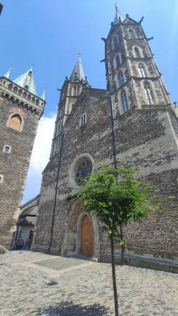 Vstup do chrámu svatého Bartoloměje s růžicovým oknem a malým stromkem v Kolíně