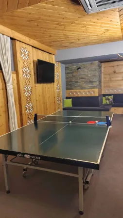 Stůl na stolní tenis v herně hotelu s dřevěnými stěnami