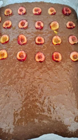 Kakaové těsto nalité na plechu s půlkami třešní před pečením