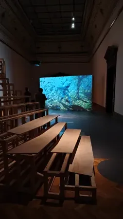 Projekce na plátně v tmavém výstavním sále