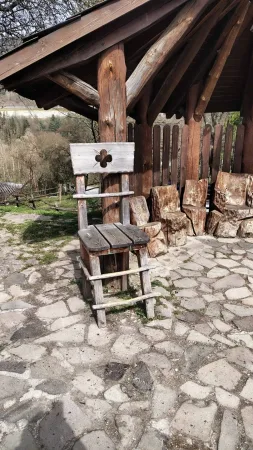 Rustikaler Holzstuhl auf dem Gelände der Salaš Krajinka