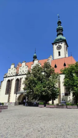 Gotický kostel se zelenou věží, stupňovitými štíty a stromy na náměstí v Táboře