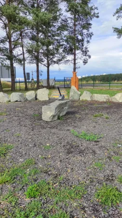 Kamenný kruh mezi jehličnany na prostranství vikingského parku ve Vendolí