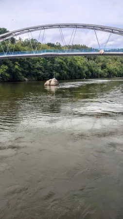 Skalní ostrůvek s malým křížem uprostřed jezera pod mostem u hradu Veveří.