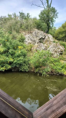 Skalnatý a zalesněný břeh se zrcadlí v klidné hladině jezera.