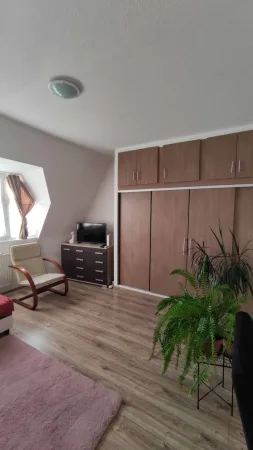 Světlá ložnice apartmánu s dřevěnou skříní a pokojovou rostlinou