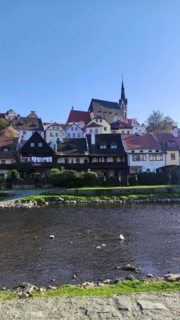 Věž kostela svatého Víta tyčící se nad červenými střechami Českého Krumlova