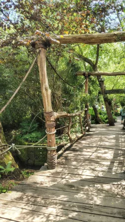 Eine Holzhängebrücke mit Seil über Wasser im Amazonien-Bereich des Zoos Lešná