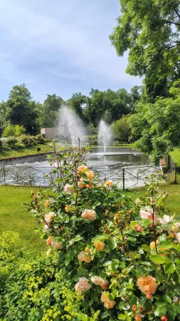 Ein Springbrunnen umgeben von blühenden Rosen im Schlosspark Lešná