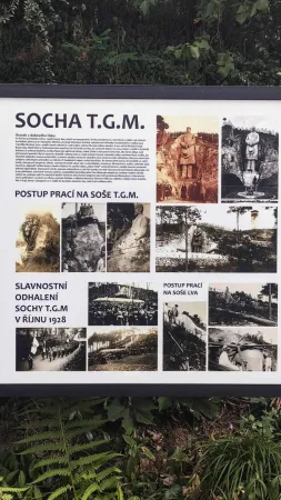 Informační tabule s historií sochy T. G. Masaryka a fotografiemi jejího vzniku