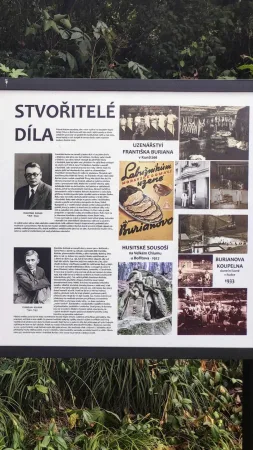 Informační tabule představující tvůrce jeskyně a jejich další díla