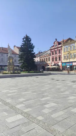 Mariánský sloup uprostřed náměstí ve Valašském Meziříčí se stromem