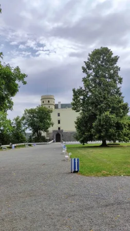 Příjezdová cesta lemovaná stromy k zámku Orlík nad Vltavou s bílou fasádou