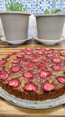 Gâteau sain fraîchement cuit aux fraises et au pavot